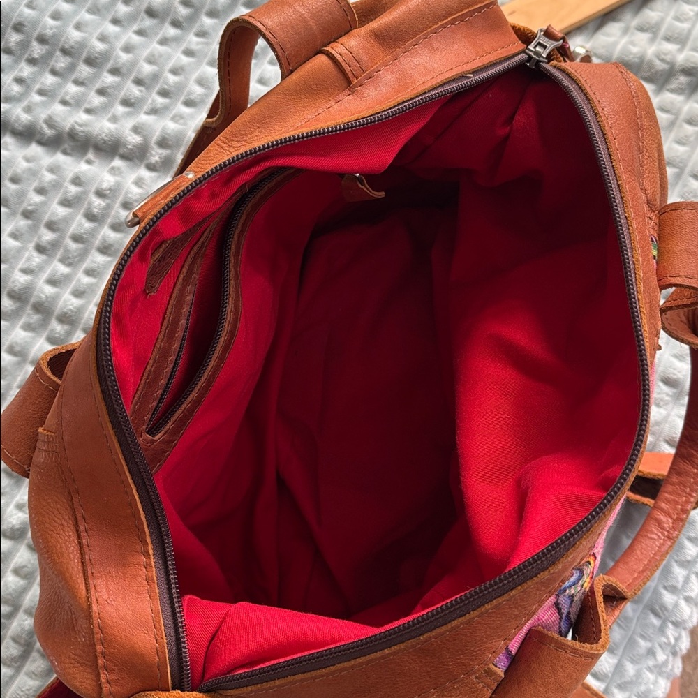 Nena & Co. Brown Leather Travel Bag with Pink Multicolor Stripe Panel - Picture 9 of 11